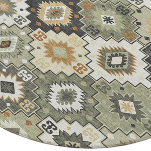HomeRoots 5' Southwestern Area Rug in Fern Green, Gold, and Charcoal – Washable for Indoor & Outdoor Use 8' Round 632265