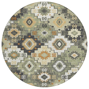 HomeRoots 5' Southwestern Area Rug in Fern Green, Gold, and Charcoal – Washable for Indoor & Outdoor Use 8' Round 632265