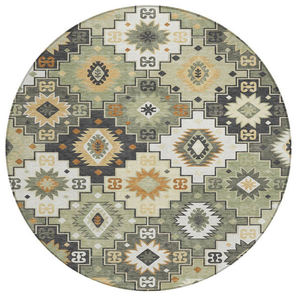 HomeRoots 5' Southwestern Area Rug in Fern Green, Gold, and Charcoal – Washable for Indoor & Outdoor Use 8' Round 632265