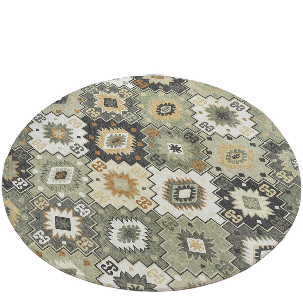 HomeRoots 5' Southwestern Area Rug in Fern Green, Gold, and Charcoal – Washable for Indoor & Outdoor Use 8' Round 632265