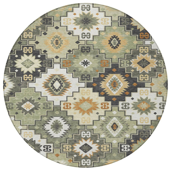 HomeRoots 5' Southwestern Area Rug in Fern Green, Gold, and Charcoal – Washable for Indoor & Outdoor Use 8' Round 632265