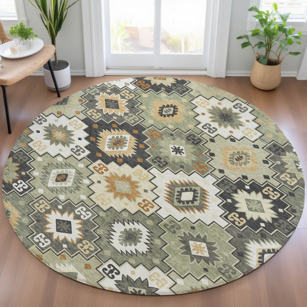 HomeRoots 5' Southwestern Area Rug in Fern Green, Gold, and Charcoal – Washable for Indoor & Outdoor Use 8' Round 632265