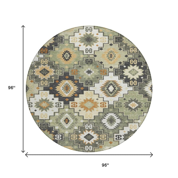 HomeRoots 5' Southwestern Area Rug in Fern Green, Gold, and Charcoal – Washable for Indoor & Outdoor Use 8' Round 632265