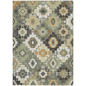 HomeRoots 5' Southwestern Area Rug in Fern Green, Gold, and Charcoal – Washable for Indoor & Outdoor Use 8' X 10' 632266