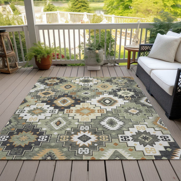 HomeRoots 5' Southwestern Area Rug in Fern Green, Gold, and Charcoal – Washable for Indoor & Outdoor Use 8' X 10' 632266