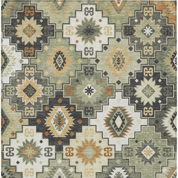 HomeRoots 5' Southwestern Area Rug in Fern Green, Gold, and Charcoal – Washable for Indoor & Outdoor Use 9' X 12' 632267