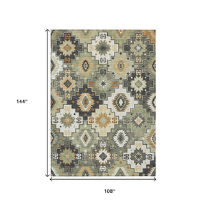 HomeRoots 5' Southwestern Area Rug in Fern Green, Gold, and Charcoal – Washable for Indoor & Outdoor Use 9' X 12' 632267