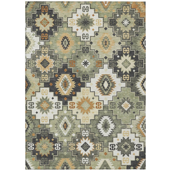 HomeRoots 5' Southwestern Area Rug in Fern Green, Gold, and Charcoal – Washable for Indoor & Outdoor Use 9' X 12' 632267