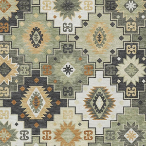 HomeRoots 5' Southwestern Area Rug in Fern Green, Gold, and Charcoal – Washable for Indoor & Outdoor Use 9' X 12' 632267