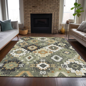 HomeRoots 5' Southwestern Area Rug in Fern Green, Gold, and Charcoal – Washable for Indoor & Outdoor Use 9' X 12' 632267