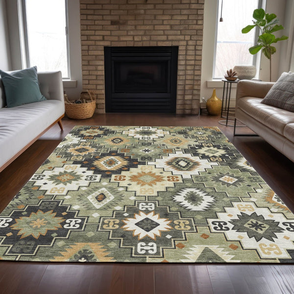 HomeRoots 5' Southwestern Area Rug in Fern Green, Gold, and Charcoal – Washable for Indoor & Outdoor Use 9' X 12' 632267