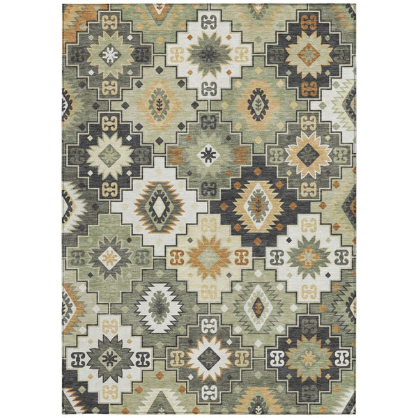 HomeRoots 5' Southwestern Area Rug in Fern Green, Gold, and Charcoal – Washable for Indoor & Outdoor Use 10' X 14' 632268