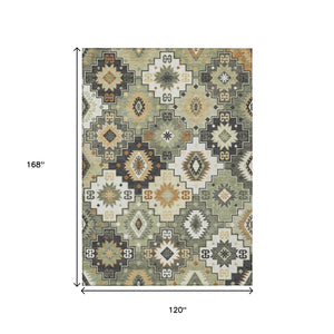 HomeRoots 5' Southwestern Area Rug in Fern Green, Gold, and Charcoal – Washable for Indoor & Outdoor Use 10' X 14' 632268