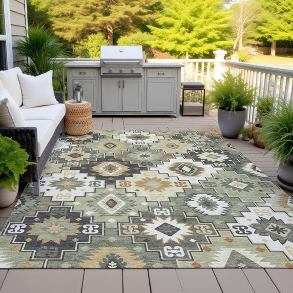 HomeRoots 5' Southwestern Area Rug in Fern Green, Gold, and Charcoal – Washable for Indoor & Outdoor Use 10' X 14' 632268