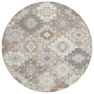 HomeRoots 5' Southwestern-Inspired Washable Area Rug in Ivory, Gold & Gray for Indoor/Outdoor Elegance 8' Round 632271