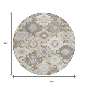 HomeRoots 5' Southwestern-Inspired Washable Area Rug in Ivory, Gold & Gray for Indoor/Outdoor Elegance 8' Round 632271