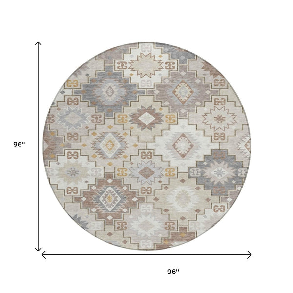 HomeRoots 5' Southwestern-Inspired Washable Area Rug in Ivory, Gold & Gray for Indoor/Outdoor Elegance 8' Round 632271
