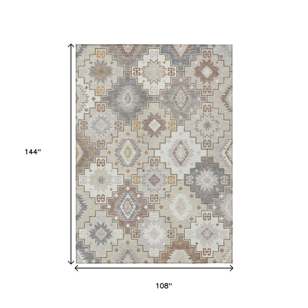 HomeRoots 5' Southwestern-Inspired Washable Area Rug in Ivory, Gold & Gray for Indoor/Outdoor Elegance 9' X 12' 632273