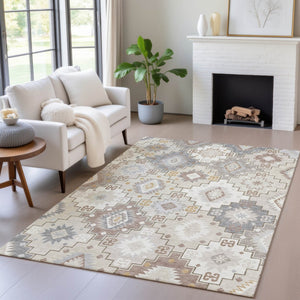 HomeRoots 5' Southwestern-Inspired Washable Area Rug in Ivory, Gold & Gray for Indoor/Outdoor Elegance 10' X 14' 632274