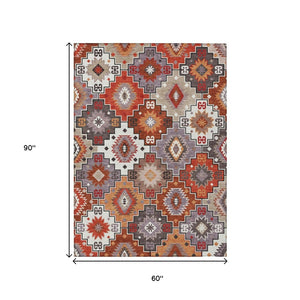 HomeRoots 5' Southwestern Washable Area Rug in Rust, Lavender & Ivory - Durable Indoor/Outdoor Decor 5' X 8' 632276