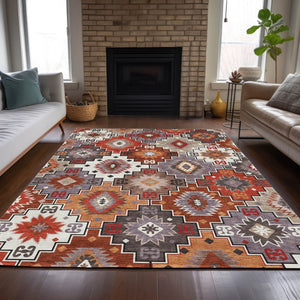 HomeRoots 5' Southwestern Washable Area Rug in Rust, Lavender & Ivory - Durable Indoor/Outdoor Decor 5' X 8' 632276