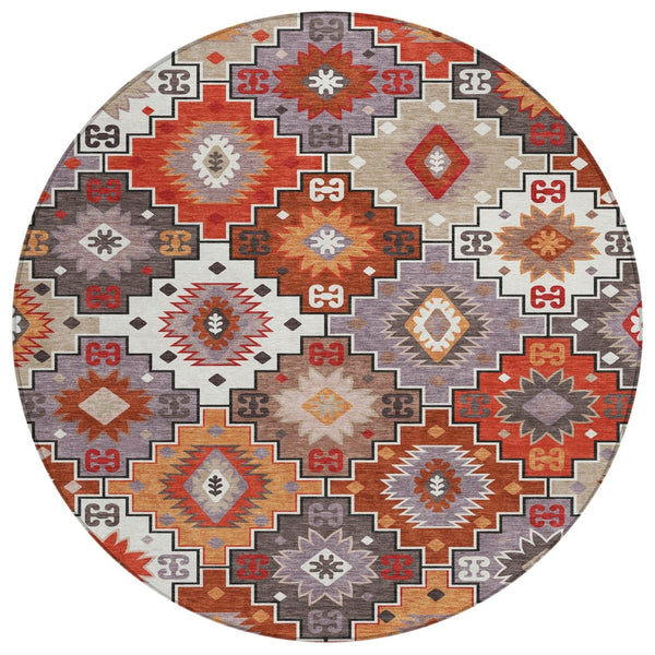 HomeRoots 5' Southwestern Washable Area Rug in Rust, Lavender & Ivory - Durable Indoor/Outdoor Decor 8' Round 632277