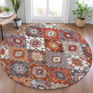 HomeRoots 5' Southwestern Washable Area Rug in Rust, Lavender & Ivory - Durable Indoor/Outdoor Decor 8' Round 632277
