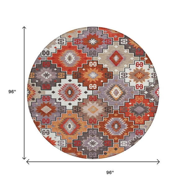 HomeRoots 5' Southwestern Washable Area Rug in Rust, Lavender & Ivory - Durable Indoor/Outdoor Decor 8' Round 632277
