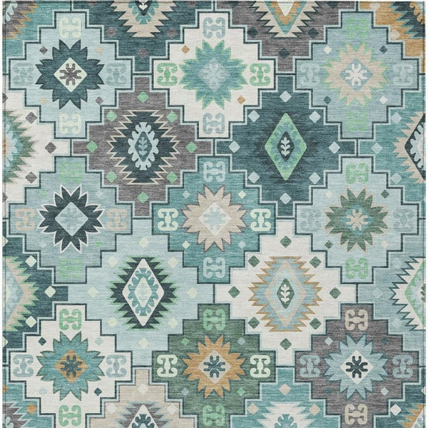 HomeRoots 5' Southwestern Area Rug in Teal Blue Beige Ivory - Durable, Washable, Perfect for Indoors & Outdoors 5' X 8' 632282