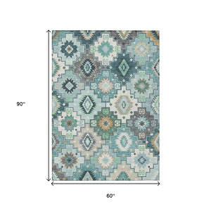 HomeRoots 5' Southwestern Area Rug in Teal Blue Beige Ivory - Durable, Washable, Perfect for Indoors & Outdoors 5' X 8' 632282