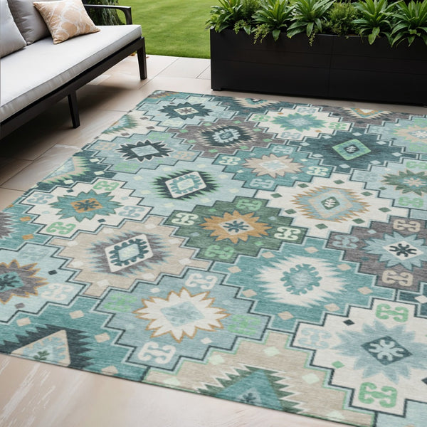 HomeRoots 5' Southwestern Area Rug in Teal Blue Beige Ivory - Durable, Washable, Perfect for Indoors & Outdoors 5' X 8' 632282
