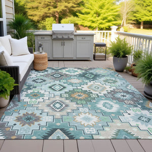 HomeRoots 5' Southwestern Area Rug in Teal Blue Beige Ivory - Durable, Washable, Perfect for Indoors & Outdoors 5' X 8' 632282