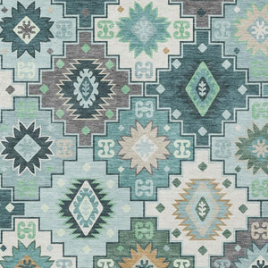 HomeRoots 5' Southwestern Area Rug in Teal Blue Beige Ivory - Durable, Washable, Perfect for Indoors & Outdoors 5' X 8' 632282