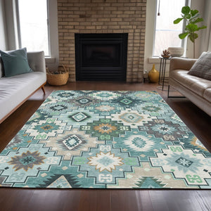 HomeRoots 5' Southwestern Area Rug in Teal Blue Beige Ivory - Durable, Washable, Perfect for Indoors & Outdoors 5' X 8' 632282