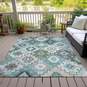 HomeRoots 5' Southwestern Area Rug in Teal Blue Beige Ivory - Durable, Washable, Perfect for Indoors & Outdoors 5' X 8' 632282