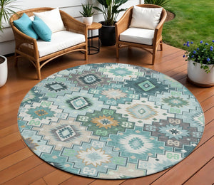HomeRoots 5' Southwestern Area Rug in Teal Blue Beige Ivory - Durable, Washable, Perfect for Indoors & Outdoors 8' Round 632283
