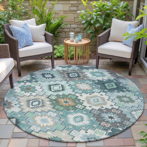 HomeRoots 5' Southwestern Area Rug in Teal Blue Beige Ivory - Durable, Washable, Perfect for Indoors & Outdoors 8' Round 632283