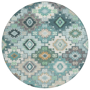 HomeRoots 5' Southwestern Area Rug in Teal Blue Beige Ivory - Durable, Washable, Perfect for Indoors & Outdoors 8' Round 632283