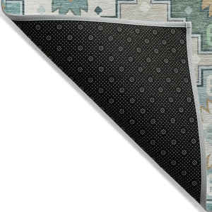 HomeRoots 5' Southwestern Area Rug in Teal Blue Beige Ivory - Durable, Washable, Perfect for Indoors & Outdoors 8' Round 632283