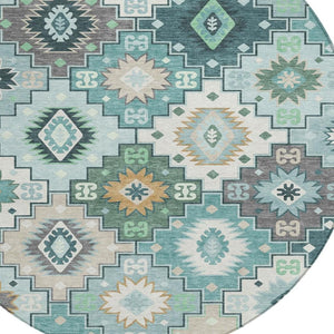 HomeRoots 5' Southwestern Area Rug in Teal Blue Beige Ivory - Durable, Washable, Perfect for Indoors & Outdoors 8' Round 632283