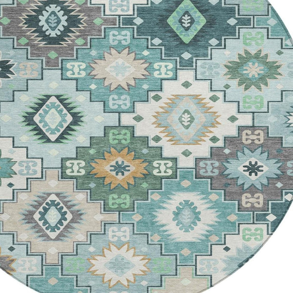 HomeRoots 5' Southwestern Area Rug in Teal Blue Beige Ivory - Durable, Washable, Perfect for Indoors & Outdoors 8' Round 632283