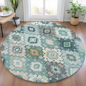 HomeRoots 5' Southwestern Area Rug in Teal Blue Beige Ivory - Durable, Washable, Perfect for Indoors & Outdoors 8' Round 632283