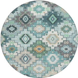 HomeRoots 5' Southwestern Area Rug in Teal Blue Beige Ivory - Durable, Washable, Perfect for Indoors & Outdoors 8' Round 632283