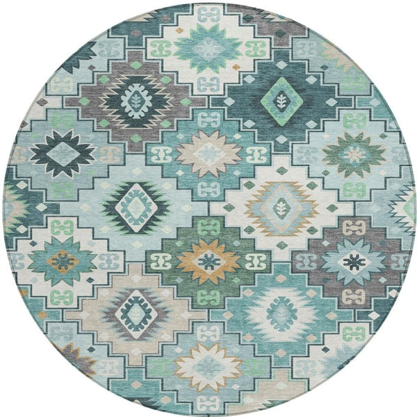 HomeRoots 5' Southwestern Area Rug in Teal Blue Beige Ivory - Durable, Washable, Perfect for Indoors & Outdoors 8' Round 632283