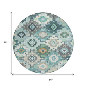 HomeRoots 5' Southwestern Area Rug in Teal Blue Beige Ivory - Durable, Washable, Perfect for Indoors & Outdoors 8' Round 632283