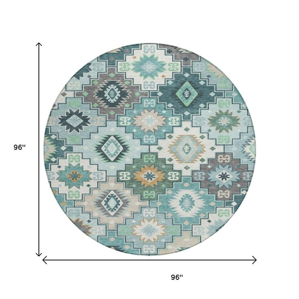 HomeRoots 5' Southwestern Area Rug in Teal Blue Beige Ivory - Durable, Washable, Perfect for Indoors & Outdoors 8' Round 632283
