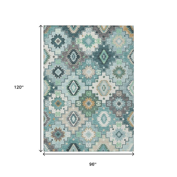HomeRoots 5' Southwestern Area Rug in Teal Blue Beige Ivory - Durable, Washable, Perfect for Indoors & Outdoors 8' X 10' 632284