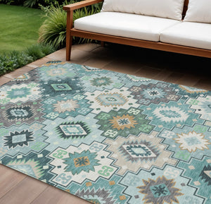 HomeRoots 5' Southwestern Area Rug in Teal Blue Beige Ivory - Durable, Washable, Perfect for Indoors & Outdoors 8' X 10' 632284