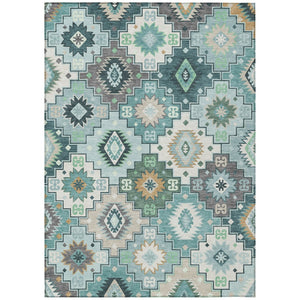 HomeRoots 5' Southwestern Area Rug in Teal Blue Beige Ivory - Durable, Washable, Perfect for Indoors & Outdoors 8' X 10' 632284