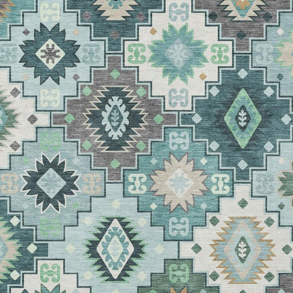 HomeRoots 5' Southwestern Area Rug in Teal Blue Beige Ivory - Durable, Washable, Perfect for Indoors & Outdoors 8' X 10' 632284